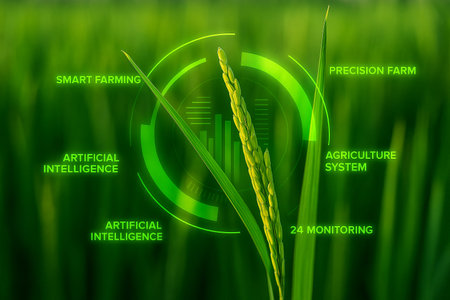 AI generated futuristic rice field with digital interface showing precision farming technology sustainability and food security in a vibrant green natural environmentの素材