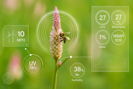 AI generated bee collecting nectar on blooming pink flower with futuristic digital overlay showing environmental monitoring symbolizing ecosystem balance nature and sustainable smart farmingの素材