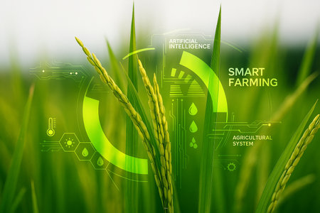 AI generated smart farming concept with rice field and digital interface overlay showing crop data and environmental analysis in a peaceful natural settingの素材