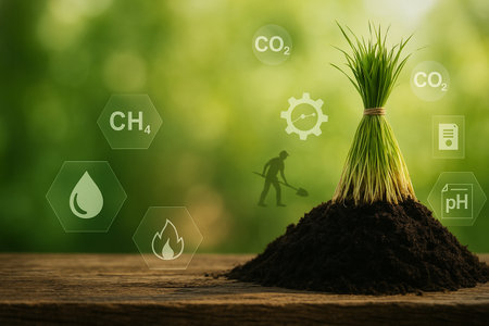 AI generated rice seedling stands on fertile soil with digital icons representing greenhouse gases environment data and human labor showing a balance between nature and technologyの素材