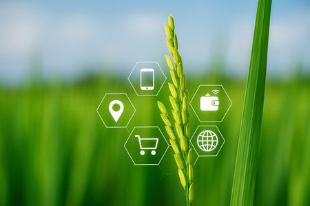 AI generated image showing young rice plant with transparent digital icons representing smart farming technology connectivity and data driven agriculture in a fresh natural environmentの素材