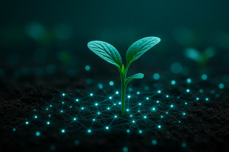 AI generated image of a small green seedling emerging from dark moist soil with glowing digital grid representing sensor network for smart agriculture and real time data integrationの素材