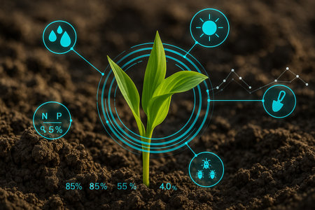AI generated young green seedling growing from rich soil with futuristic digital overlay showing moisture light nutrient and pest data in smart farming precision agriculture contextの素材