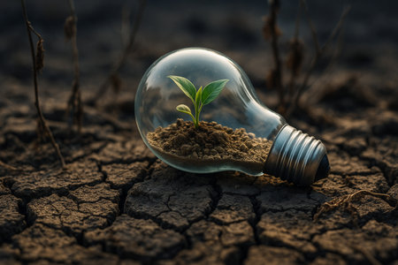 AI generated a young green seedling growing inside a glass bulb on cracked dry ground symbolizing hope resilience and new life in harsh conditionsの素材