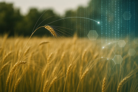 AI generated golden wheat field with digital elements symbolizing smart farming data connection and sustainable agriculture in a natural environmentの素材