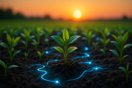 AI generated image of young green seedlings in neat rows with glowing blue circuit lines across dark soil at sunset symbolizing digital farm management and smart agriculture systemsの素材