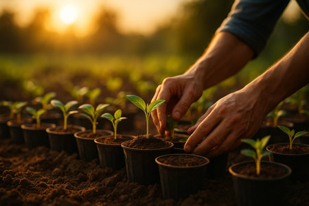 AI generated a symbolic scene of human hands tending seedlings in rows of soil filled pots under warm sunlight conveying care growth and harmony with natureの素材