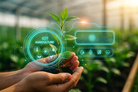 AI generated modern agriculture visual with farmer hand inspecting green plant and digital interface overlay showing data and iot analysis in natural greenhouse environmentの素材