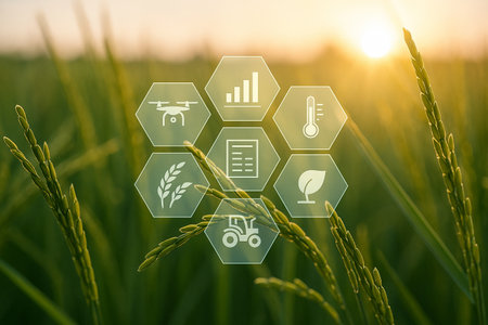 AI generated closeup of young rice with digital hexagon icons floating above symbolizing smart farming precision technology data analysis and sustainability in a natural golden light settingの素材