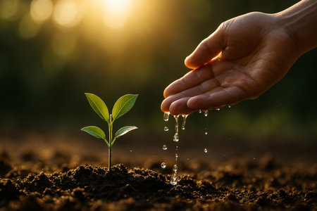 AI generated closeup of a hand gently watering a small green seedling under golden sunlight symbolizing care hope growth and human connection with natureの素材