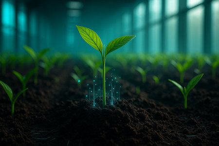 AI generated image of a young green seedling growing in moist dark soil inside a modern greenhouse with glowing holographic data rising from the ground symbolizing smart agriculture digital monitoringの素材