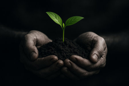 AI generated symbolic photo of human hands cupping fertile soil with a green seedling growing in center contrasted against a dark background evoking hope rebirth and emotional depthの素材