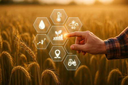 AI generated scene of a farmer hand touching floating digital icons in a golden wheat field representing smart agriculture precision data analysis weather control and real time crop monitoringの素材