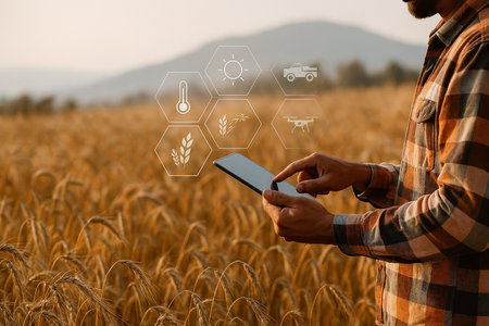 AI generated ultra realistic image of farmer using tablet in wheat field with digital overlay showing icons for smart agriculture weather monitoring and machine management in warm natural lightの素材