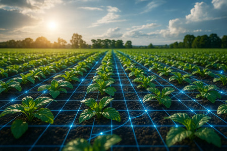 AI generated modern farmland with glowing blue digital mesh overlay representing smart farming iot data network crop monitoring and precision agriculture under sunlight and blue skyの素材