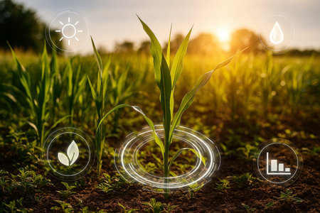 AI generated ultra realistic scene of a sunlit crop field enhanced with digital icons for light moisture and growth analytics reflecting smart farming technology and natural vitalityの素材