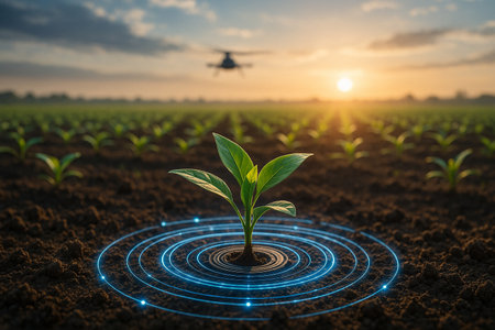 AI generated young seedling with glowing tech circle in fertile soil symbolizing smart farming precision growth data control and hope under warm sunriseの素材