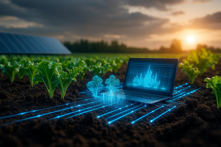 AI generated ultra realistic smart farm scene showing green crops with glowing data lines from tablet and soil sensors powered by solar energy at sunsetの素材