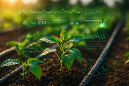 AI generated green plants grow in moist soil with digital dashboard overlay showing precision farming data creating a sense of sustainability technology and smart agriculture harmonyの素材