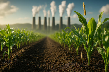AI generated symbolic image of young green corn growing in fertile soil with industrial factory in background releasing smoke highlighting contrast between agriculture and environmental pollutionの素材