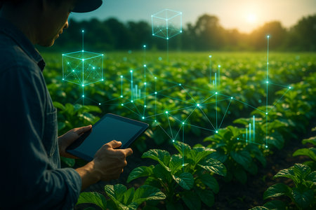 AI generated modern agriculture scene showing a farmer using tablet in smart farm with glowing digital data overlays on green crops under warm sunlightの素材