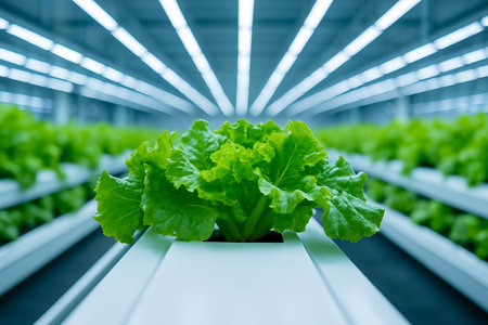 AI generated indoor hydroponic farming system showing vibrant green lettuce growing under LED lights with clean lines and controlled environment representing sustainable urban agricultureの素材