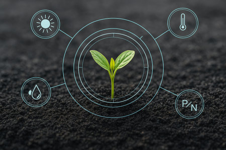 AI generated a green seedling growing from dark fertile soil surrounded by transparent digital interface icons showing sunlight moisture temperature and nutrient levels for smart farming controlの素材