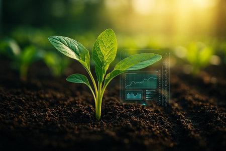 AI generated hyper realistic image of a green seedling growing from fertile soil with digital interface overlay showing data analytics symbolizing smart farming technology and sustainable innovationの素材