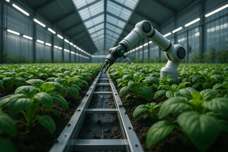 AI generated robotic arm working with green crops in a high tech greenhouse using automation and precision farming to monitor and manage plant growth in controlled environmentの素材