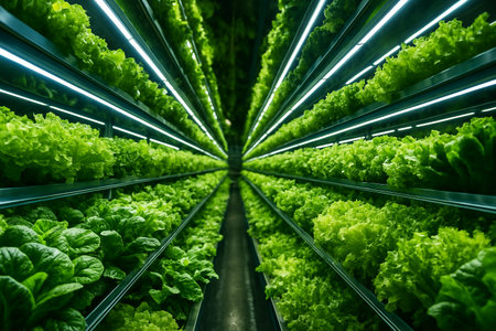 AI generated vertical farm with green leafy plants under LED light reflecting precision control sustainability and modern agriculture conceptの素材