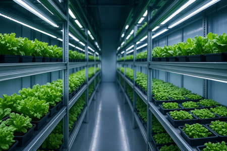 AI generated hyper detailed indoor vertical farm with layers of green vegetables growing under cool LED lights in a clean controlled environment reflecting futuristic agriculture innovationの素材