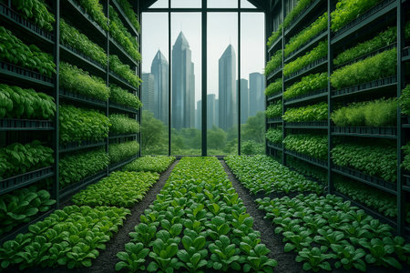 AI generated futuristic indoor vertical farm blending green plants with city skyline representing sustainable urban agricultureの素材