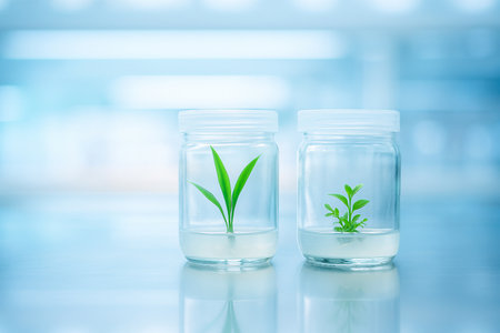 AI generated young green plants grow in transparent jars under sterile conditions in a bright clean laboratory with controlled light and temperature environmentの素材