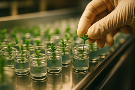 AI generated ultra realistic image of plant tissue culture process in sterile laboratory with gloved hand delicately handling seedlings in transparent tubesの素材