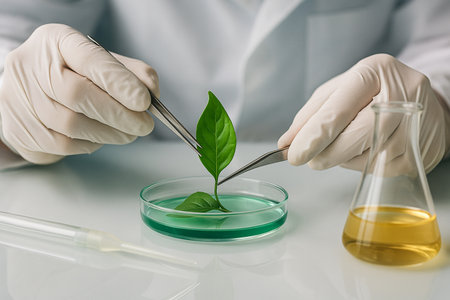 AI generated green leaf being handled with tweezers in sterile petri dish during molecular biology experiment representing genetic research precision and biotechnology innovationの素材