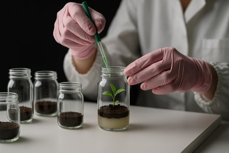 AI generated high detail scene of gloved hands planting seedlings with pipette in sterile glass jars on white lab table under focused lighting in controlled lab environmentの素材