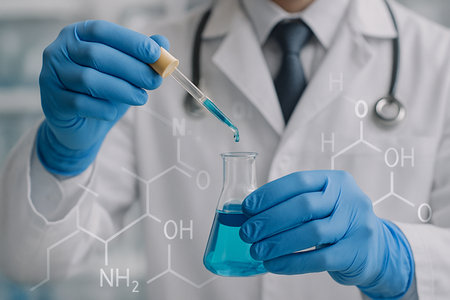 AI generated close up of scientist using dropper with blue chemical liquid in glass flask wearing nitrile gloves in a bright clean laboratory environment focused on precision and researchの素材