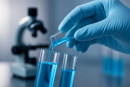 AI generated closeup of gloved hand pouring blue liquid between test tubes in a clean lab with microscope in background showing precision and sterile scientific workの素材