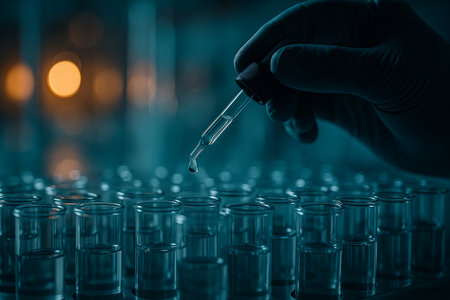 AI generated close up of hand in dark glove using dropper above row of glass test tubes in modern laboratory with cool blue tones and soft orange bokeh lights conveying focus and precisionの素材