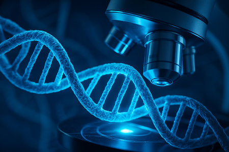 AI generated close up of glowing blue DNA double helix under microscope symbolizing genetics molecular biology biotechnology and advanced scientific researchの素材