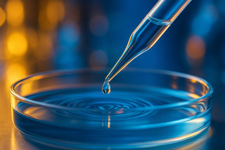 AI generated macro shot of a pipette releasing a drop into a petri dish with rippling blue liquid on a modern science lab backgroundの素材