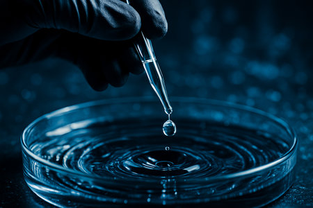 AI generated close up of a gloved hand holding a pipette releasing a clear droplet into liquid with visible ripples in a deep blue modern laboratory settingの素材