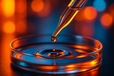 AI generated macro image of pipette releasing orange tinted droplet into petri dish with ripple effect against warm and modern bokeh background symbolizing accuracy and cleanlinessの素材