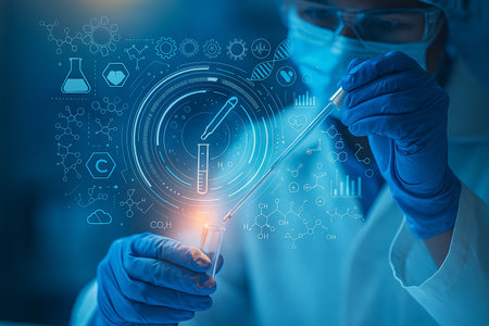 AI generated scientist in mask and gloves using pipette with glowing liquid into test tube overlaid with futuristic medical and chemical graphics for advanced research conceptの素材