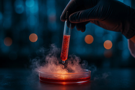 AI generated close up of a gloved hand holding a test tube with red liquid above a petri dish releasing vapor creating a mysterious and futuristic laboratory atmosphereの素材