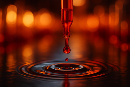 AI generated macro image of a red droplet falling from a dropper into liquid creating ripples with warm glowing background representing science medicine and research precisionの素材