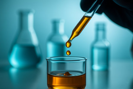 AI generated close up of an amber droplet falling from a glass dropper into a clear beaker with blurred glassware in cool tones creating a clean and professional scientific atmosphereの素材