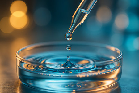 AI generated macro image of a pipette releasing a droplet midair into a petri dish with ripples and reflections warm golden cool blue bokeh background symbolizing precision cleanliness and innovationの素材