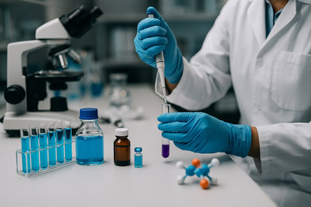 AI generated scientists in a clean laboratory conducting precise experiments with pipettes and glassware representing advanced research and innovationの素材