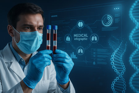 AI generated concept of medical research showing gloved hands holding blood samples with futuristic holographic medical data and DNA helix representing innovation and precision in healthcareの素材